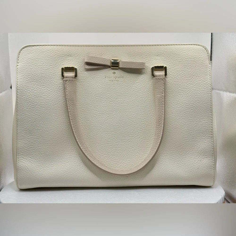 Kate Spade White & Beige Henderson Street Leather Satchel Shoulder‎ Bag with Bow